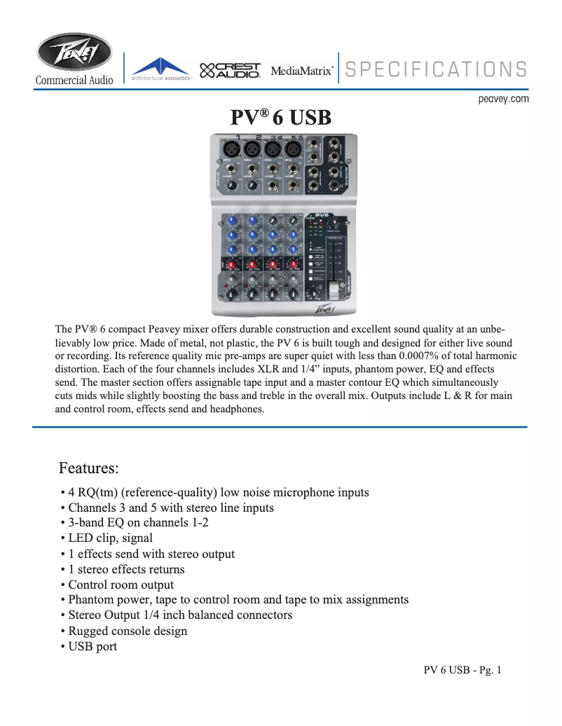 Page 1 de la notice Fiche technique Peavey PV 6 USB