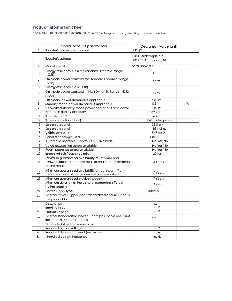Page 1 de la notice Fiche technique Philips 55OLED848
