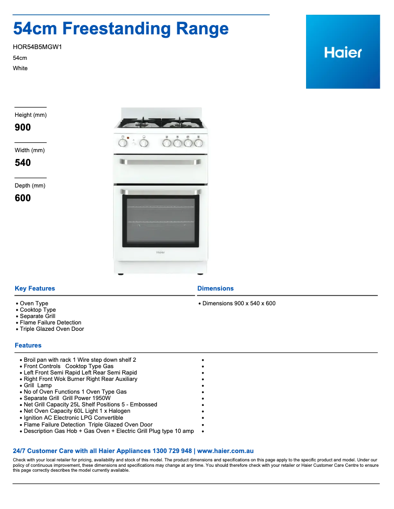 Página 1 del manual Ficha técnica Haier HOR54B5MGW1