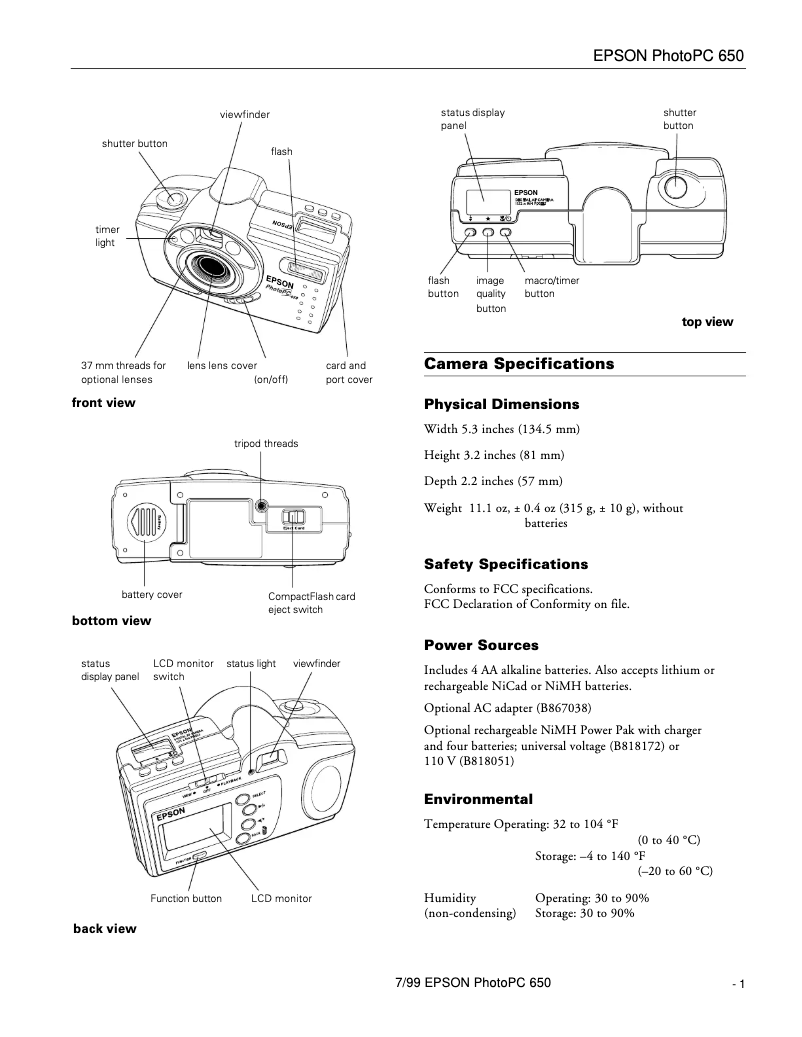 Page 1 de la notice Fiche technique Epson PhotoPC 650