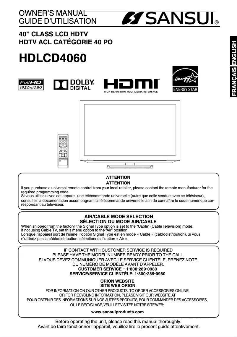 Image de la première page du manuel de l'appareil HDLCD4060