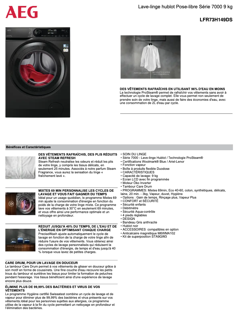 Page n°1 - Fiche technique AEG LFR73H149DS