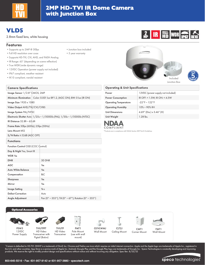 Página 1 del manual Ficha técnica Speco Technologies VLD5