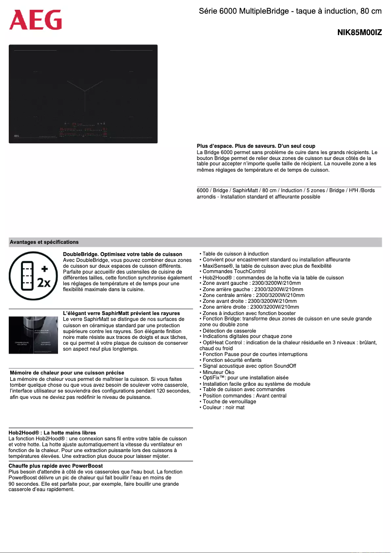 Page 1 de la notice Fiche technique AEG NIK85M00IZ