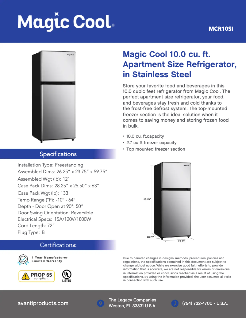 Page 1 de la notice Fiche technique Magic Cool MCR10WI