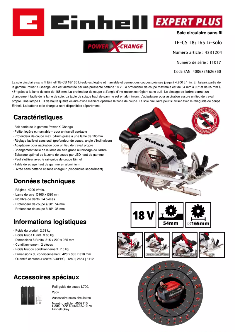 Page 1 de la notice Fiche technique Einhell TE-CS 18/165 Li-Solo