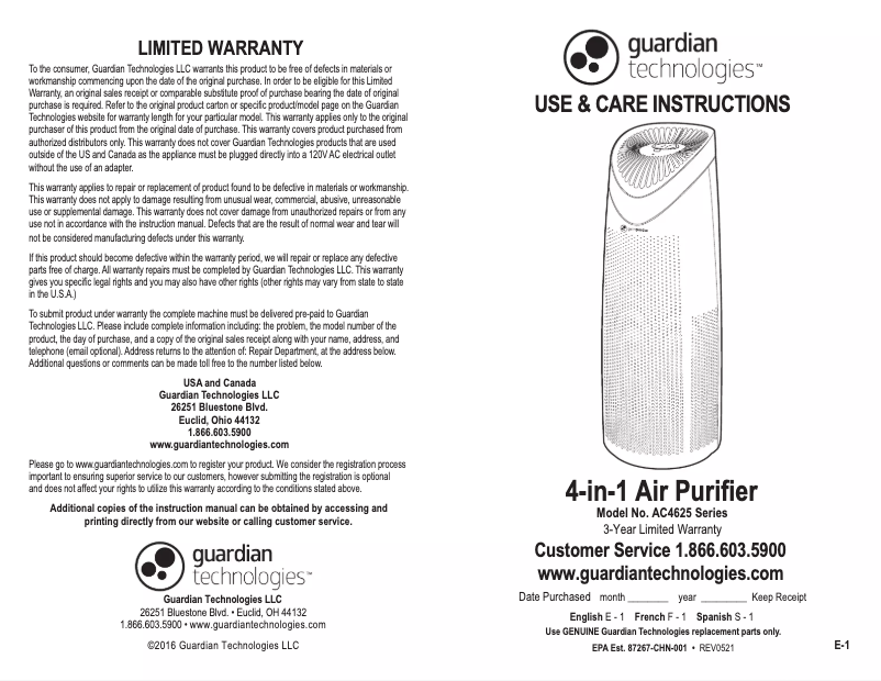 Page n°1 - Manuel utilisateur Guardian AC4625