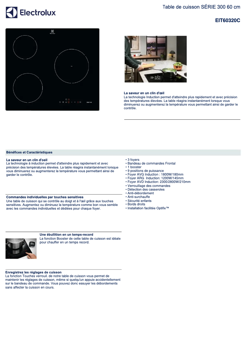 Page 1 de la notice Fiche technique Electrolux EIT60320C