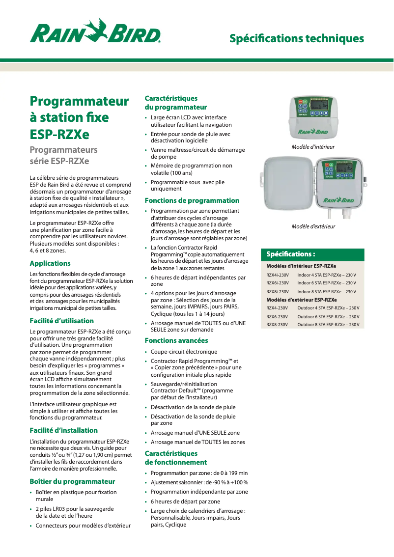 Página 1 del manual Ficha técnica Rain Bird ESP-RZXe