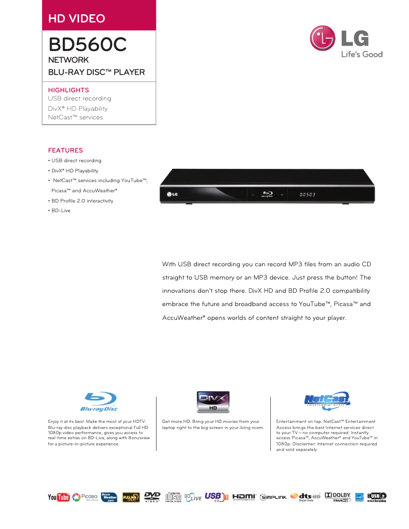 Página 1 del manual Ficha técnica LG BD560C