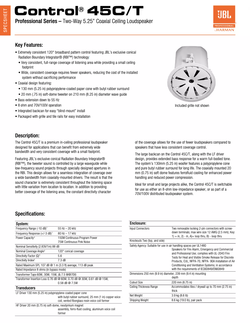 Page n°1 - Fiche technique JBL Control 45C/T