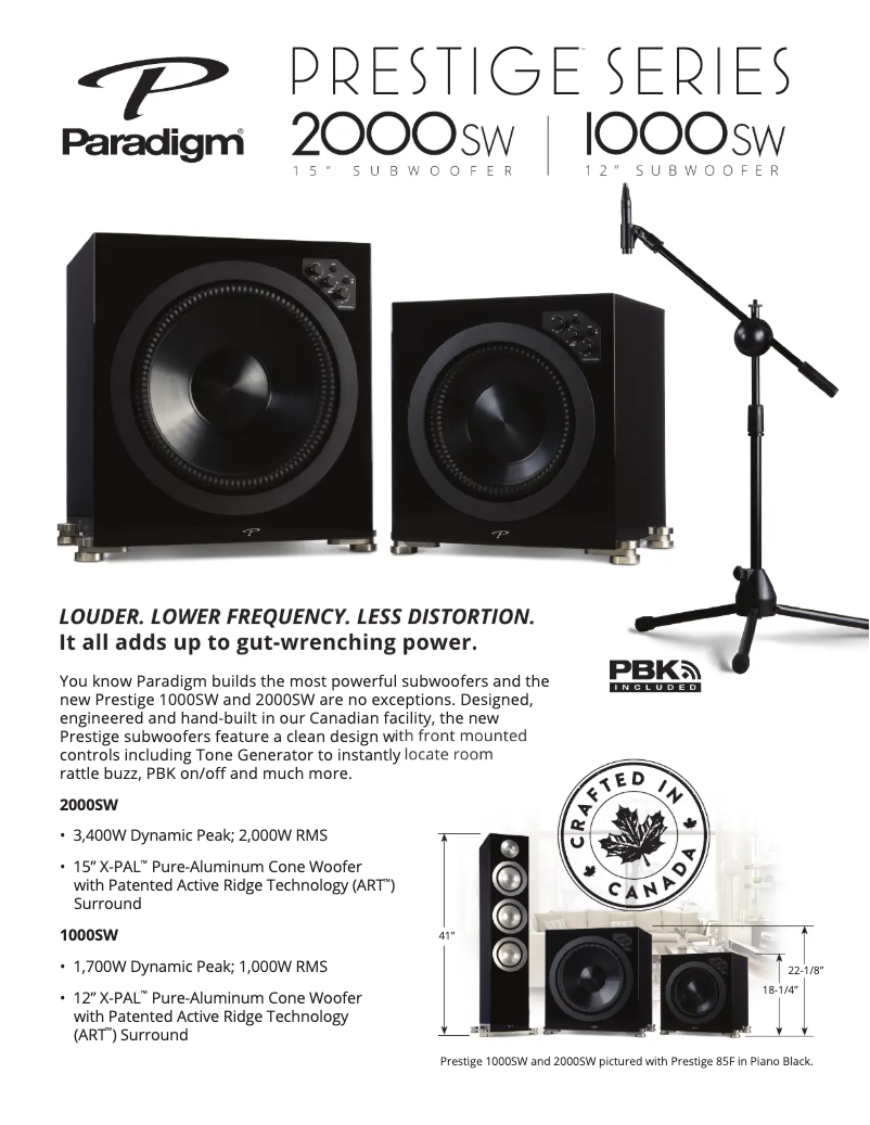 Page 1 de la notice Fiche technique Paradigm Prestige 2000SW