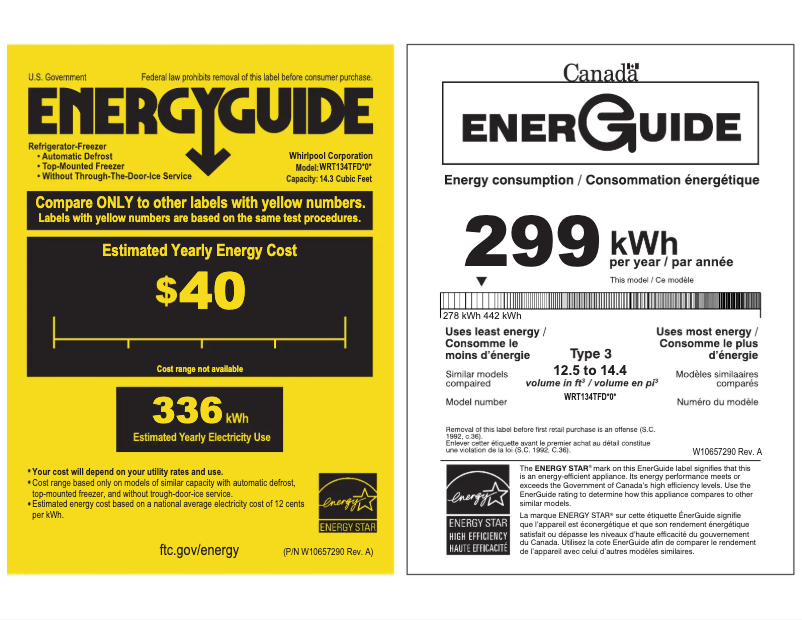 Page 1 de la notice Label énergétique Whirlpool WRT348FMEB