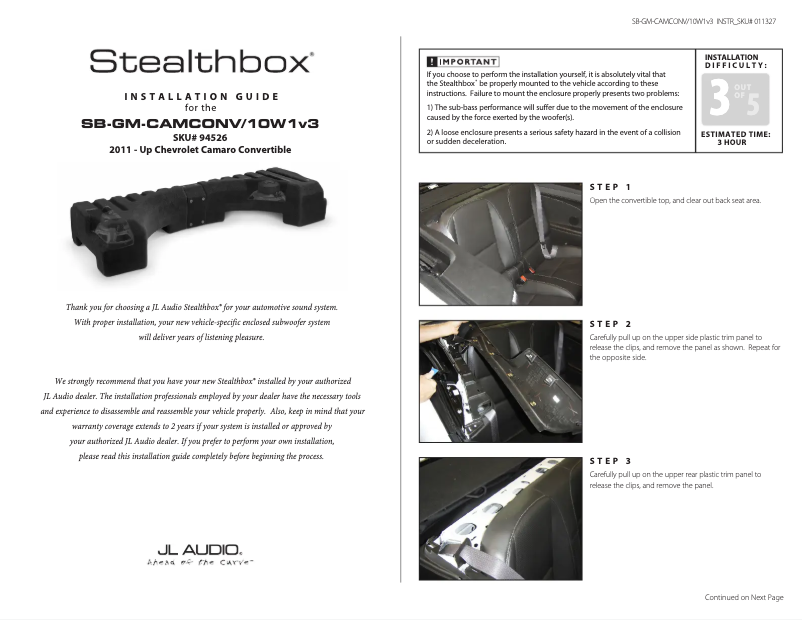 Page 1 de la notice Manuel utilisateur JL Audio Stealthbox SB-GM-CAMCONV/10W1v3