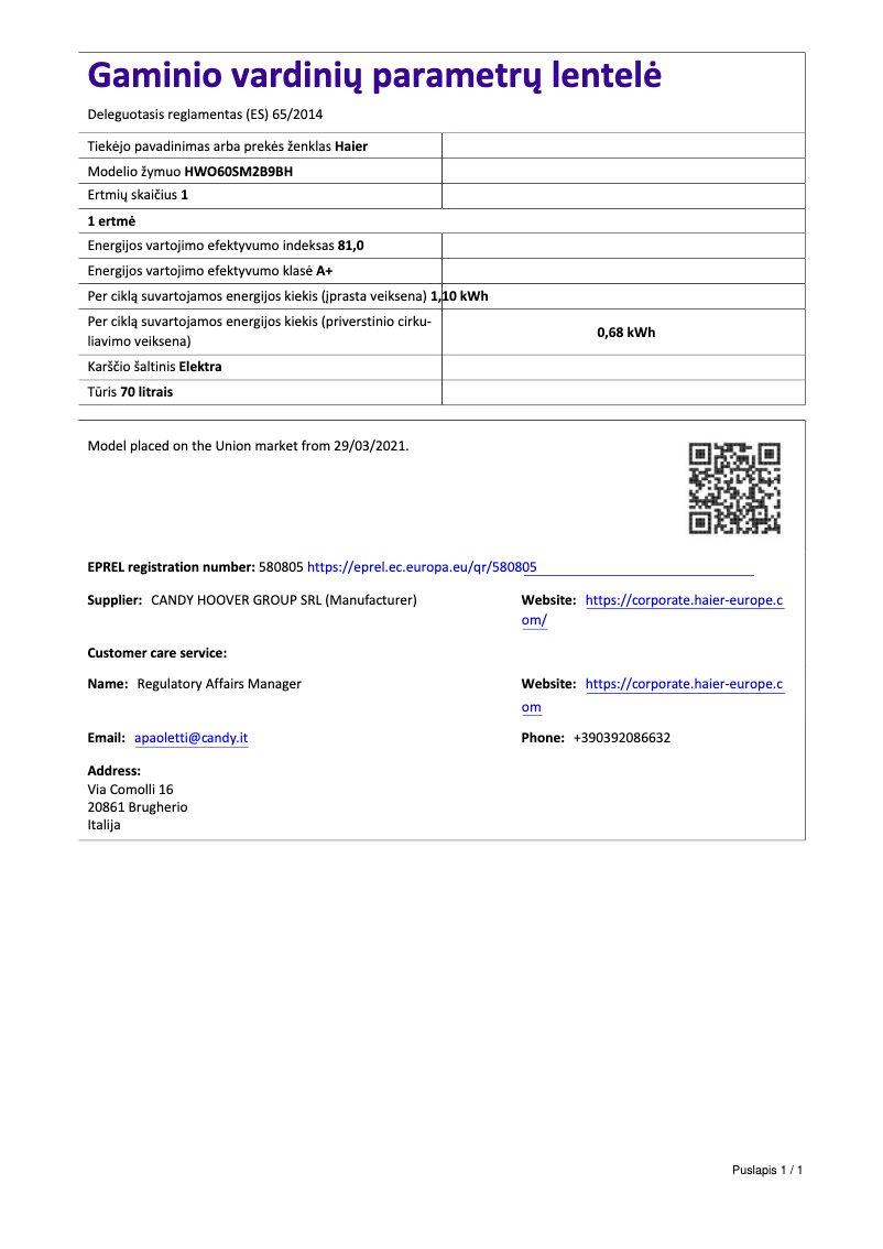 Page 1 de la notice Fiche technique Haier HWO60SM2B9BH