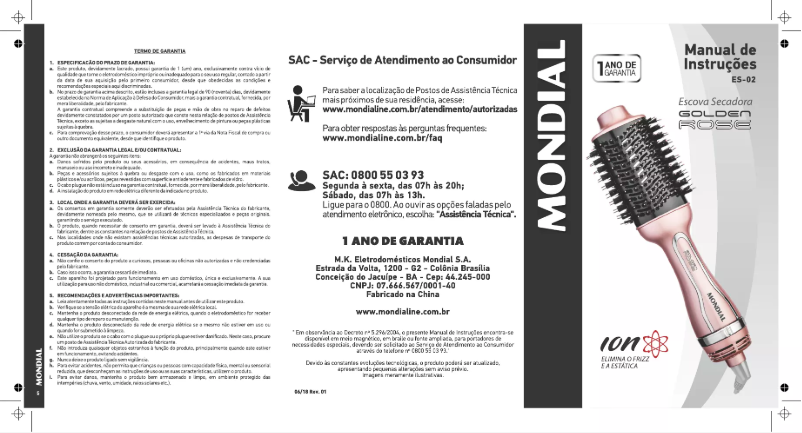 Page 1 de la notice Manuel utilisateur Mondial Golden Rose ES-02