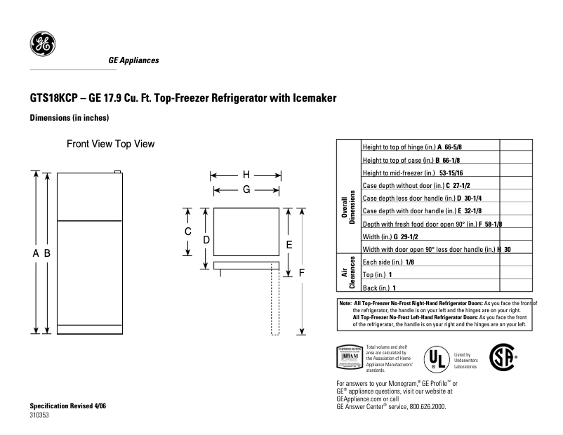 Page 1 de la notice Fiche technique GE GTS18KCPCC