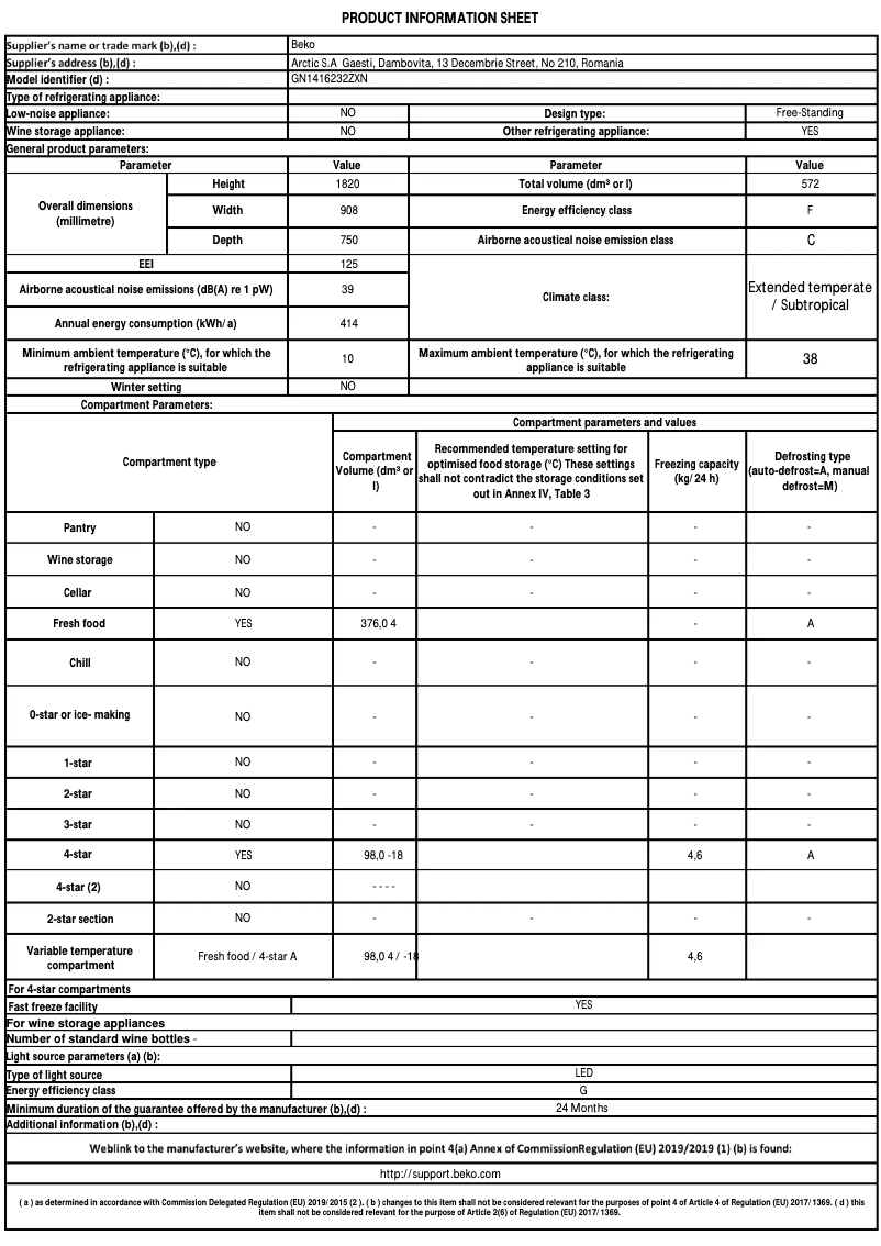 Page 1 de la notice Fiche technique Beko GN1416232ZXN