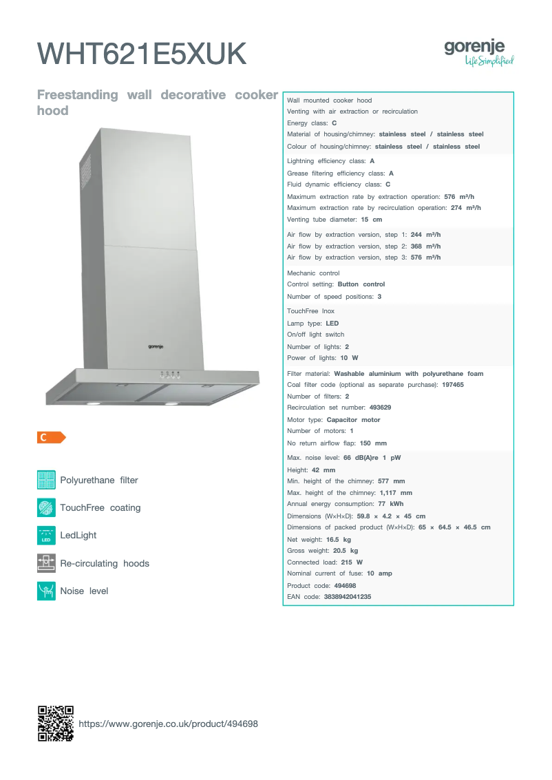 Page n°1 - Fiche technique Gorenje WHT621E5XUK