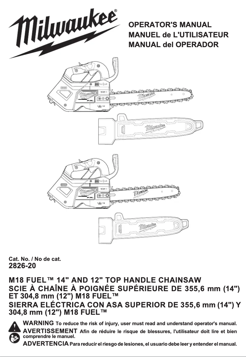 Page 1 de la notice Manuel utilisateur Milwaukee M18 FUEL 2826-20