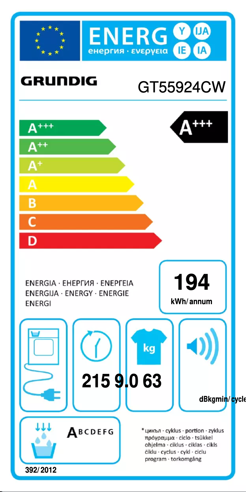 Page 1 de la notice Label énergétique Grundig GT55924CW