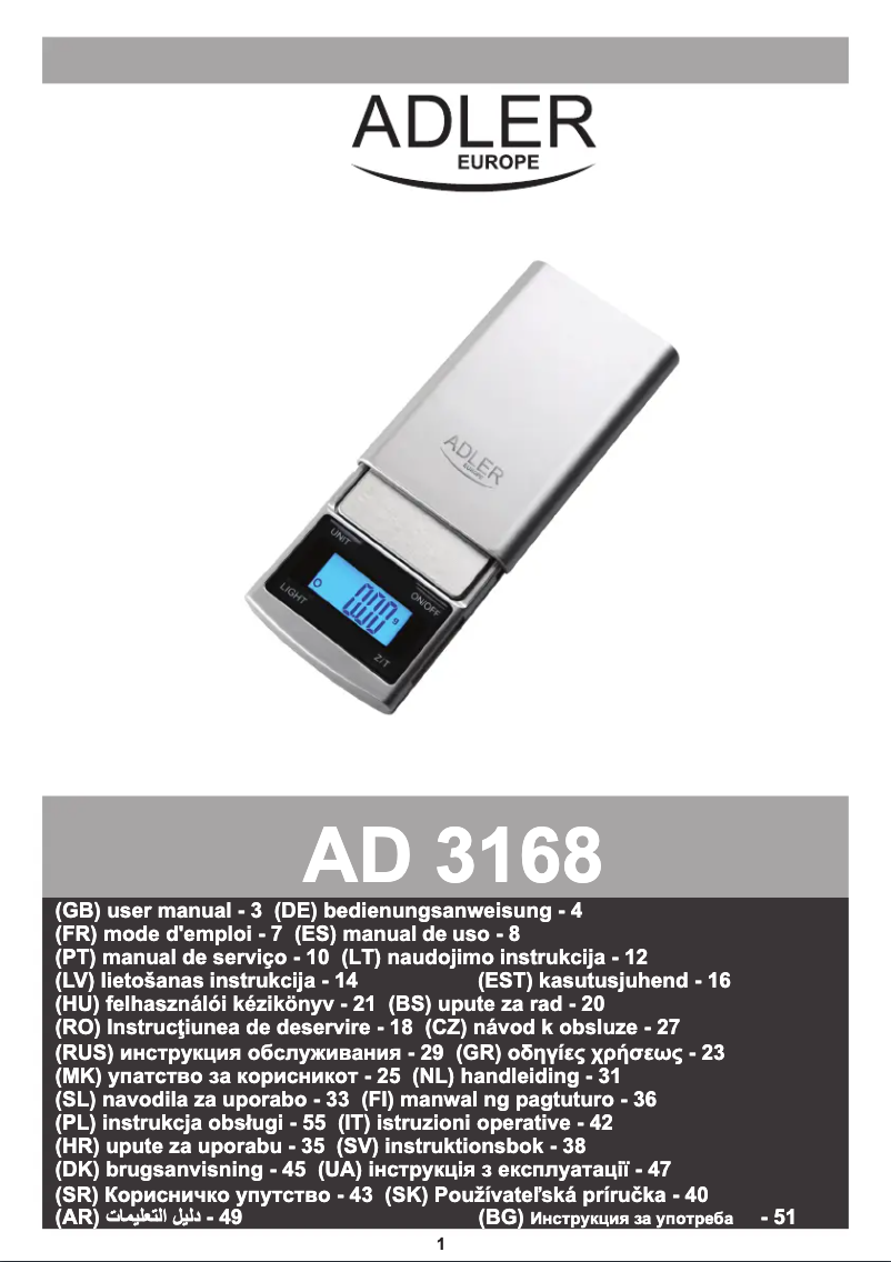 Page 1 de la notice Manuel utilisateur Adler AD 3168