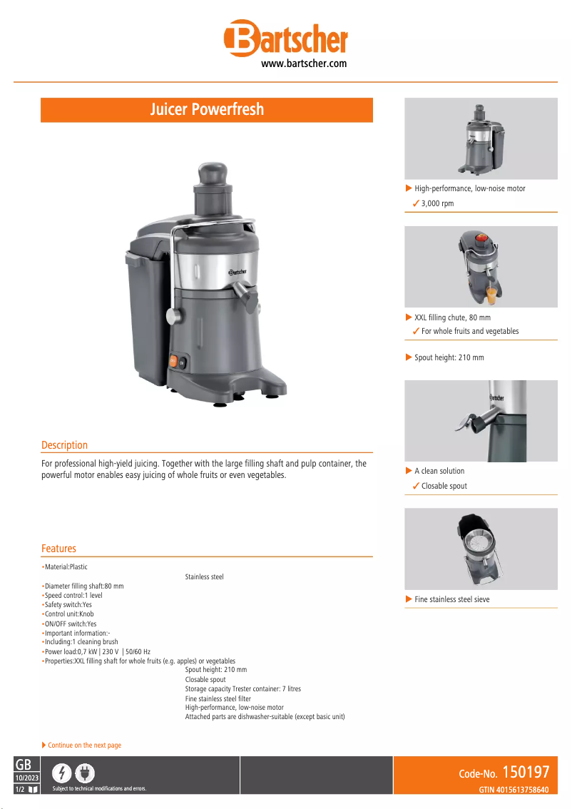 Page n°1 - Fiche technique Bartscher Powerfresh 150197