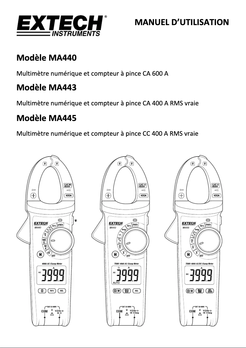 Page 1 de la notice Manuel utilisateur Extech MA445
