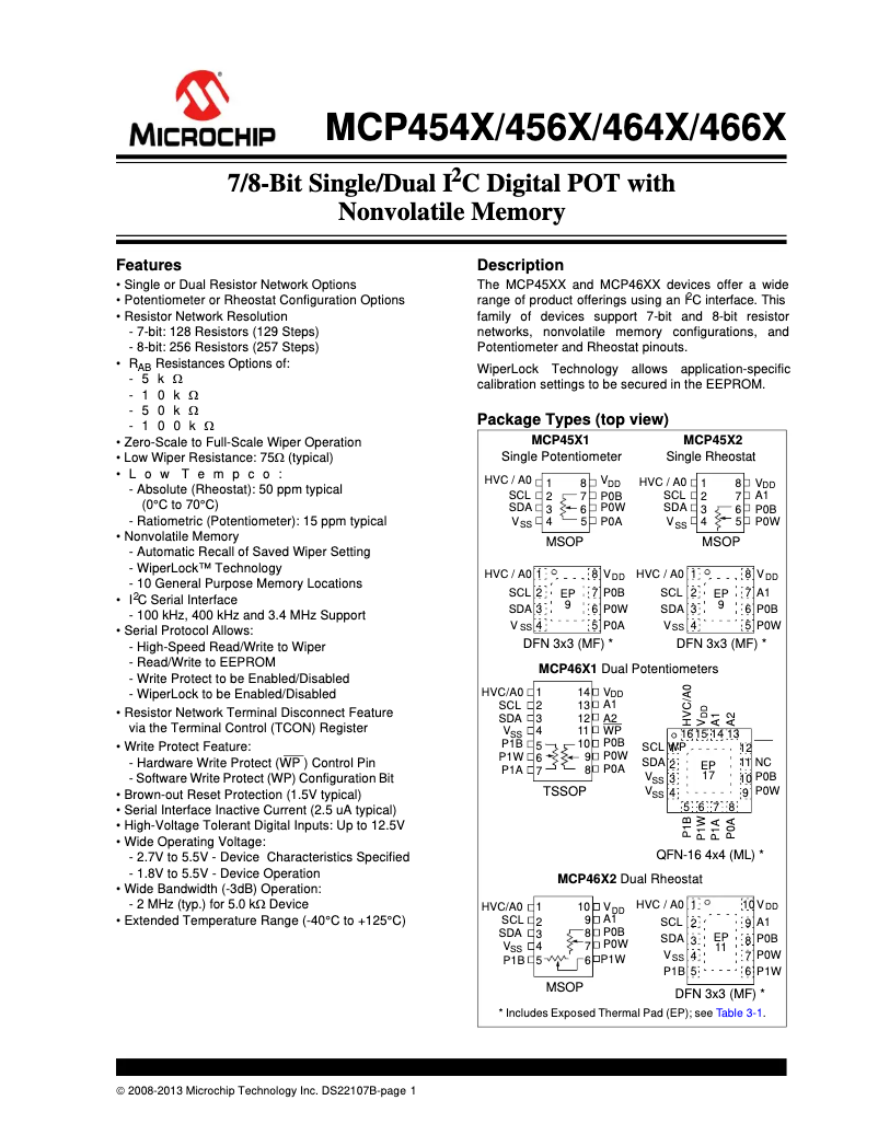 Page 1 de la notice Fiche technique Microchip mcp4642