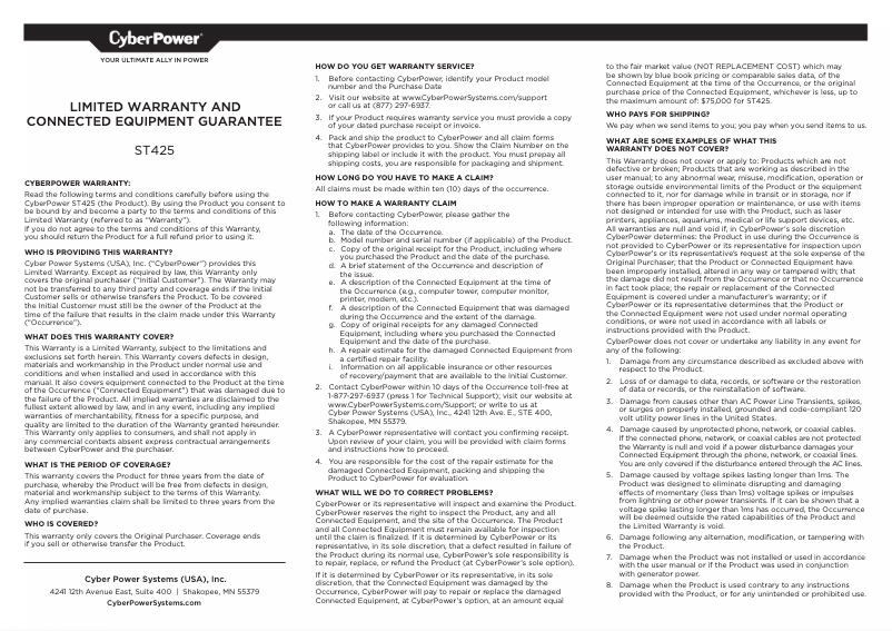 Page n°1 - Informations de garantie CyberPower ST425