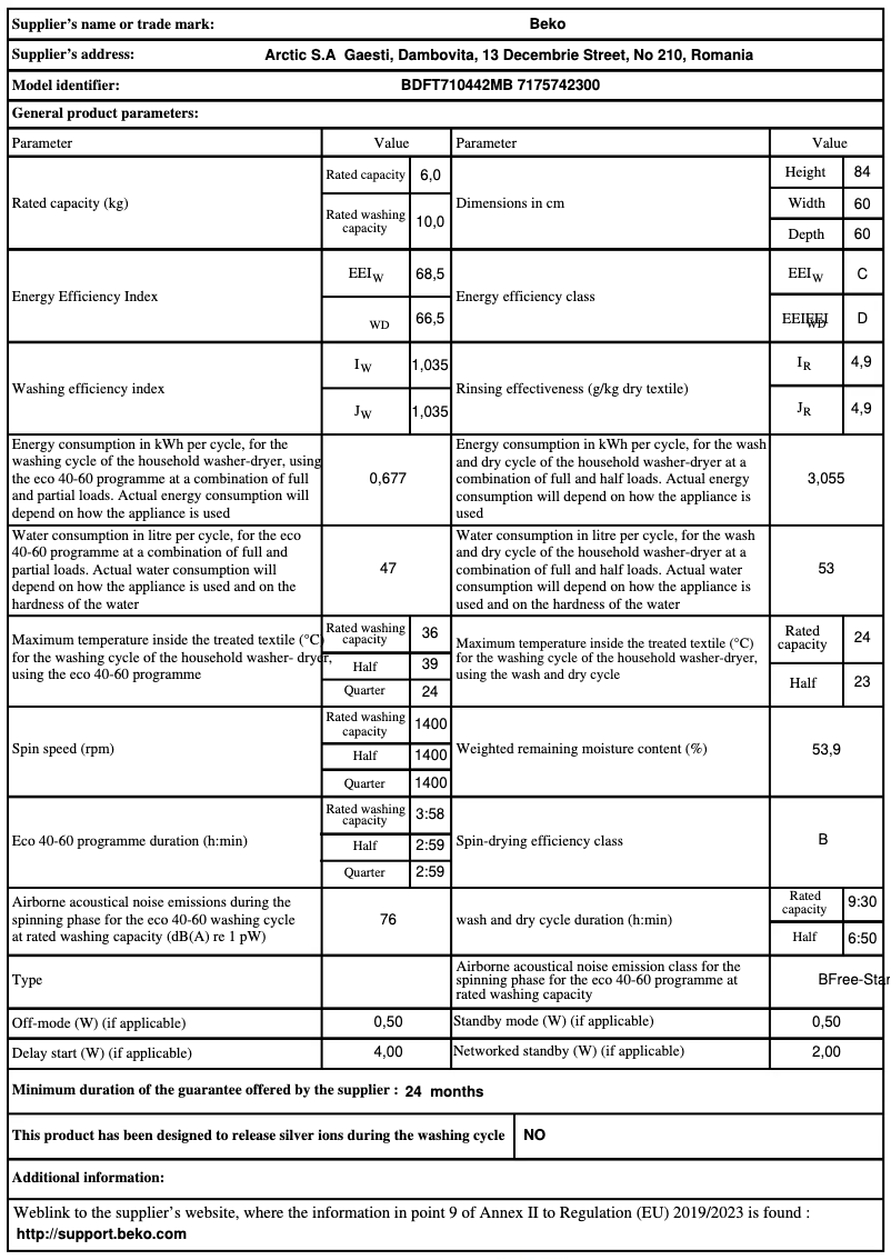 Page 1 de la notice Fiche technique Beko BDFT710442MB