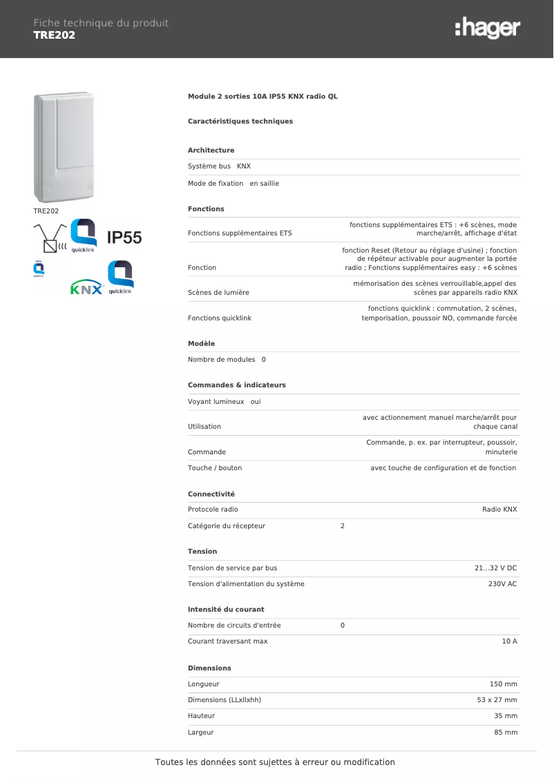 Page n°1 - Fiche technique Hager TRE202