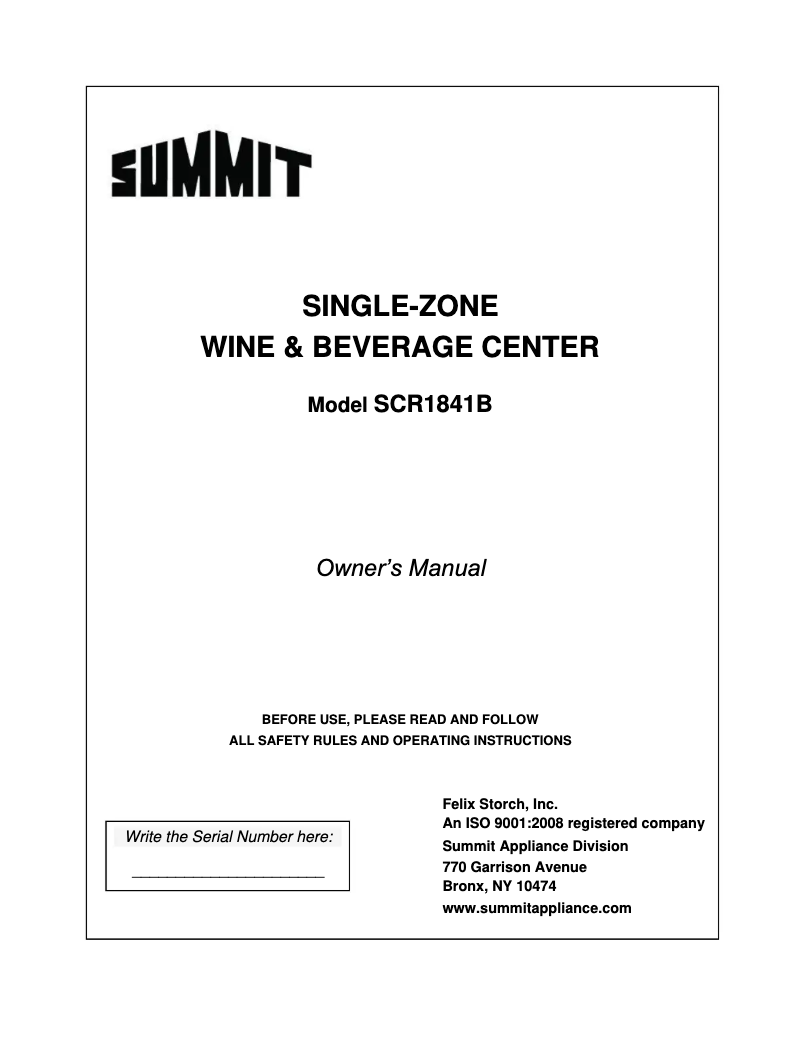 Page n°1 - Manuel d'utilisation et d'entretien Summit SCR1841B