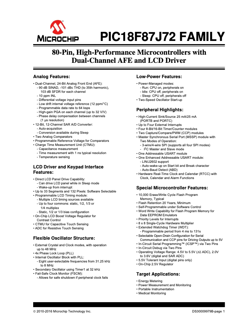 Page 1 de la notice Fiche technique Microchip PIC18F87J72