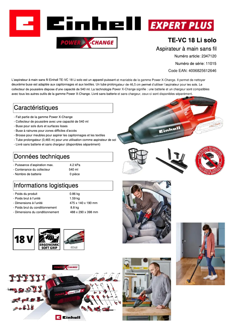 Page 1 de la notice Fiche technique Einhell TE-VC 18 Li - Solo