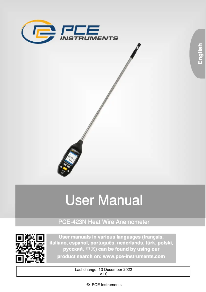Page 1 de la notice Manuel utilisateur PCE Instruments PCE-423N