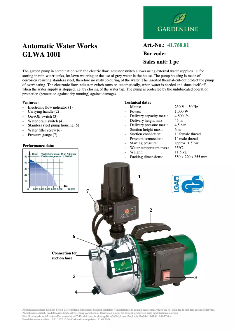 Page 1 de la notice Manuel utilisateur Gardenline GLWA 1001