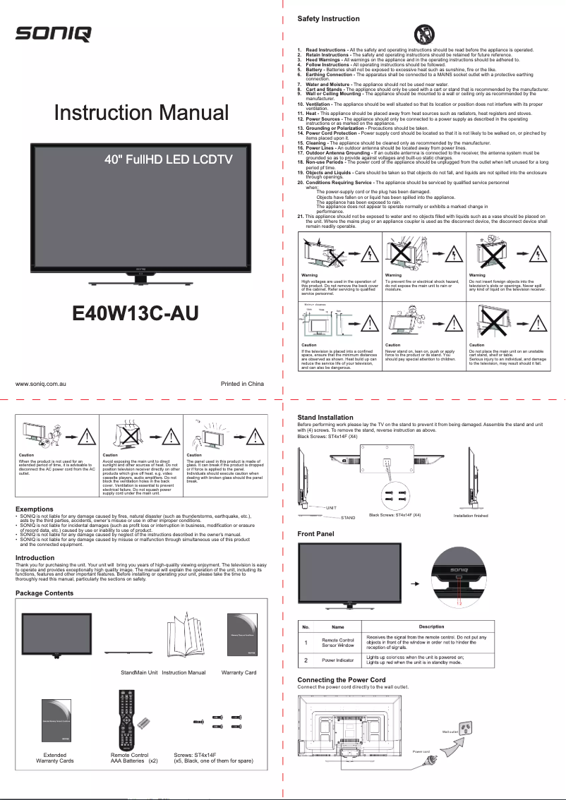 Page 1 de la notice Manuel utilisateur Soniq E32W13A