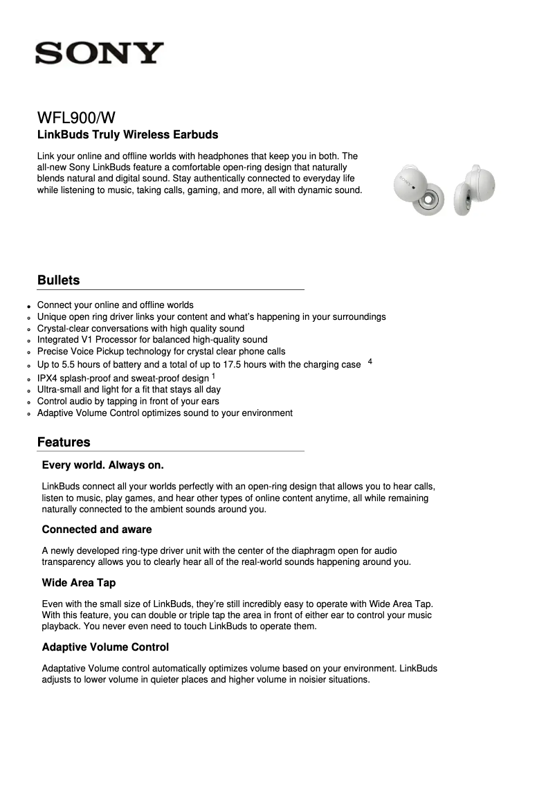 Page 1 de la notice Fiche technique Sony WF-L900