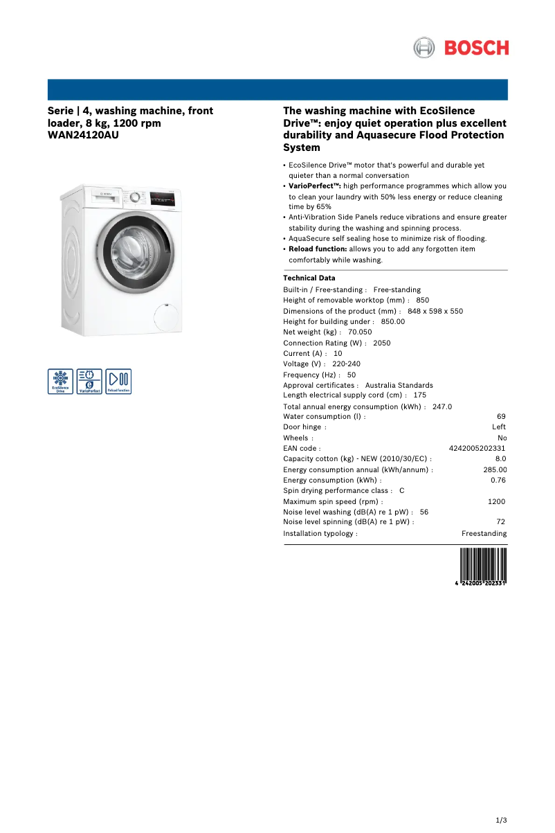 Página 1 del manual Ficha técnica Bosch WAN24120AU