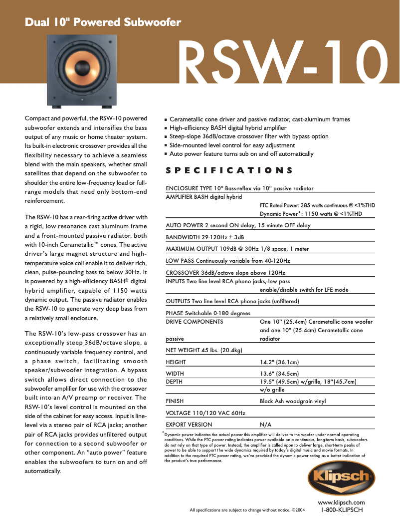 Page n°1 - Manuel utilisateur Klipsch RSW-10