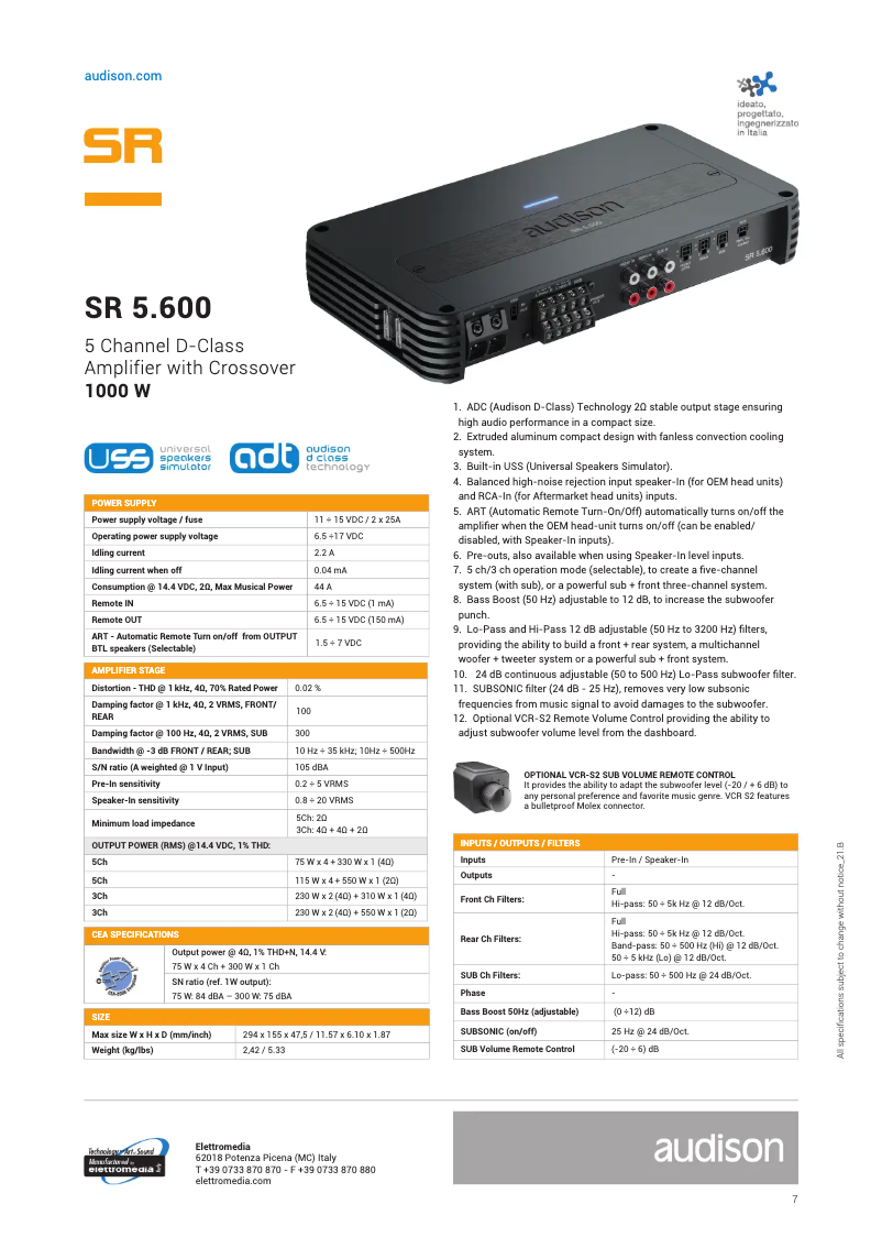 Page n°1 - Fiche technique Audison SR5.600.2