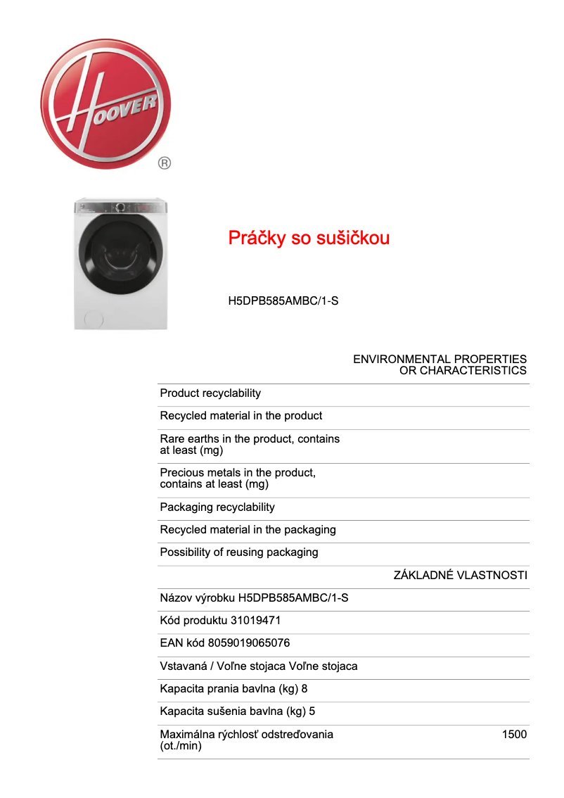 Page 1 de la notice Fiche technique Hoover H5DPB585AMBC/1-S