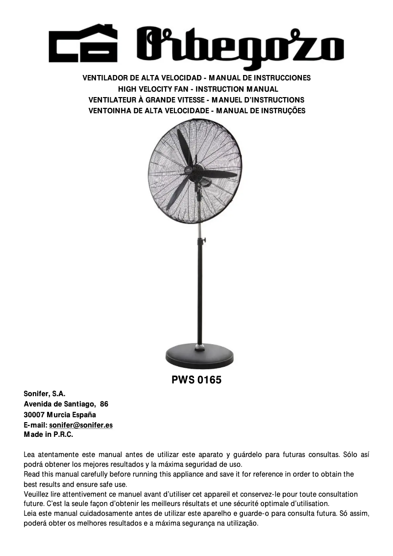 Page 1 de la notice Manuel utilisateur Orbegozo PWS 0165