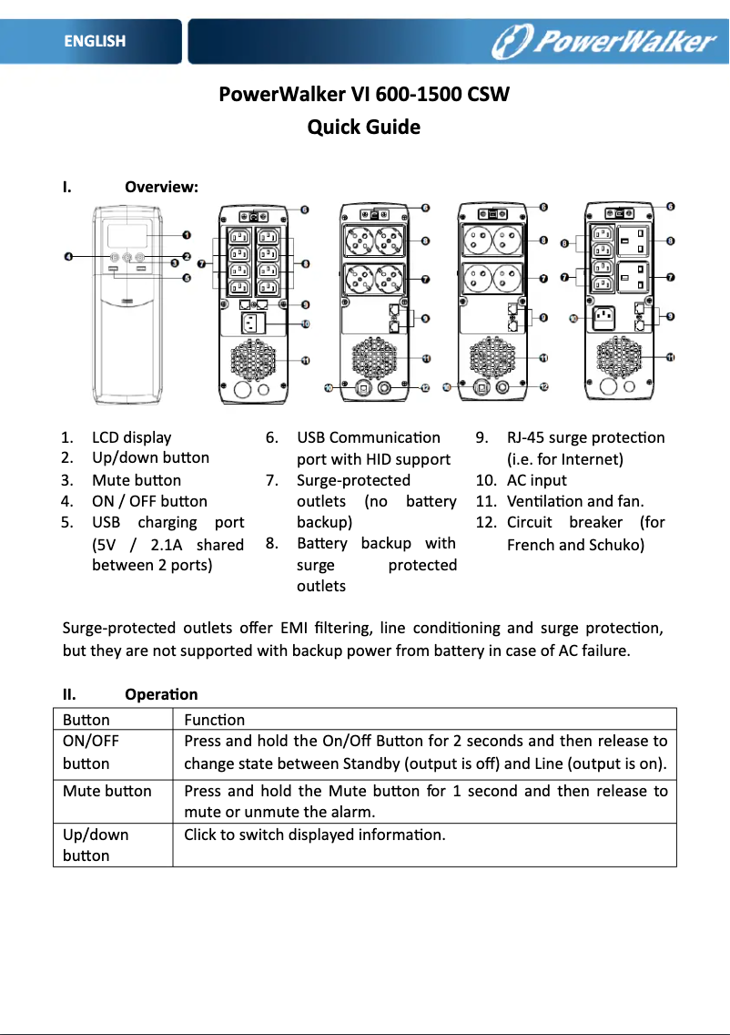 Page 1 de la notice Manuel utilisateur PowerWalker VI 800 CSW