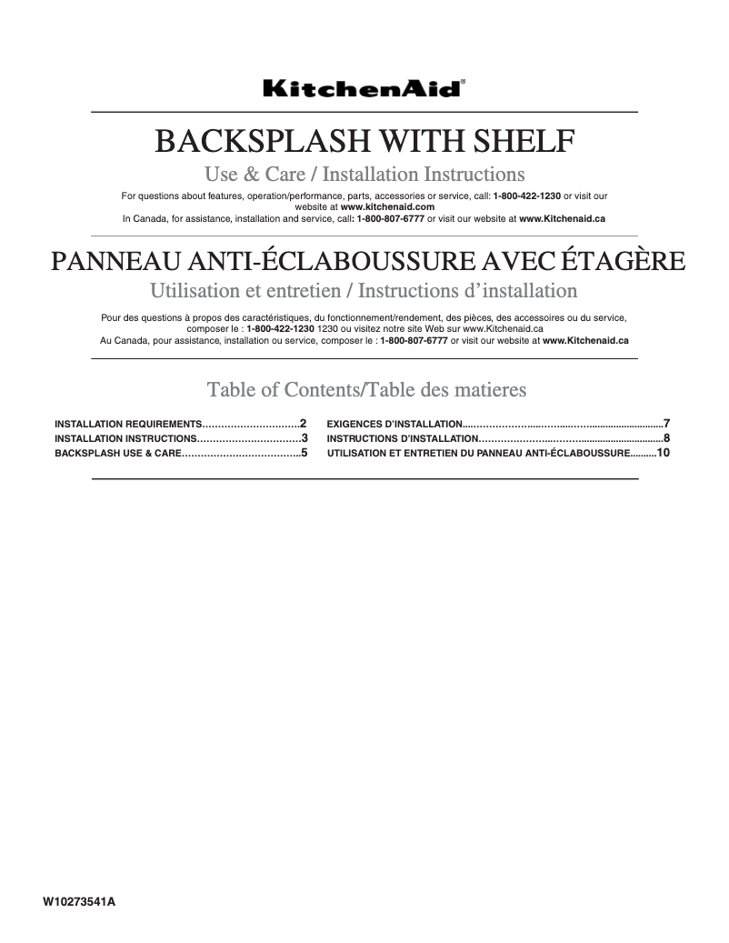 Page 1 de la notice Manuel utilisateur KitchenAid W10225949