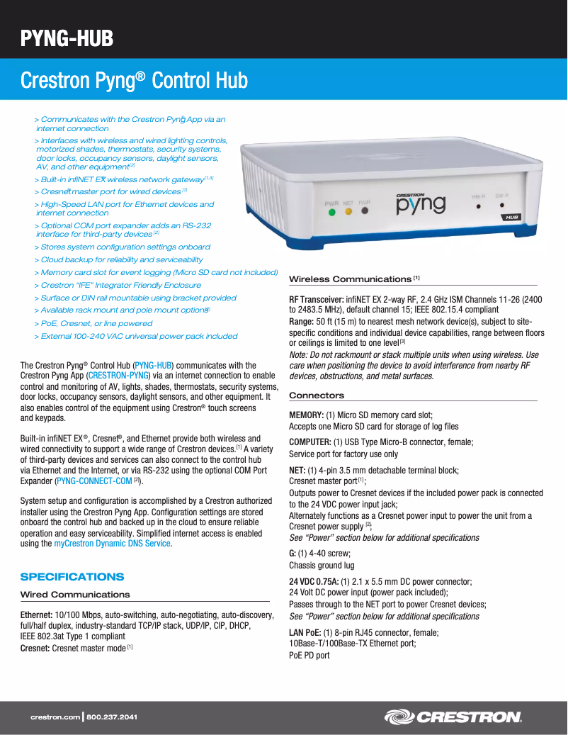 Página 1 del manual Manual de usuario Crestron PYNG-HUB