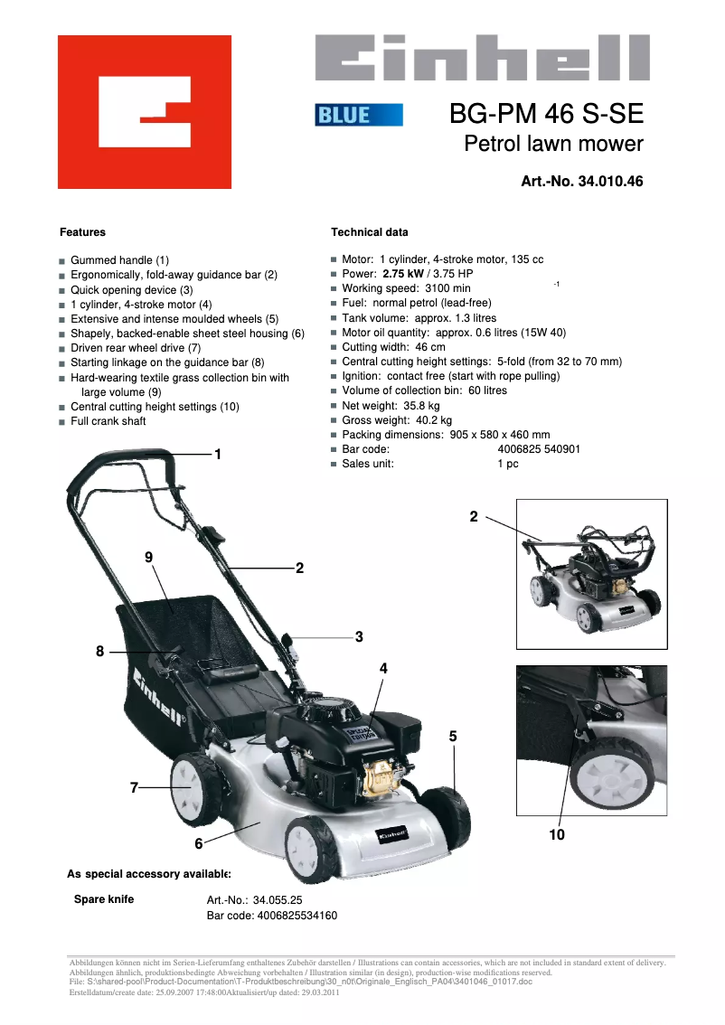 Page 1 de la notice Manuel utilisateur Einhell BG-PM 46 S-SE