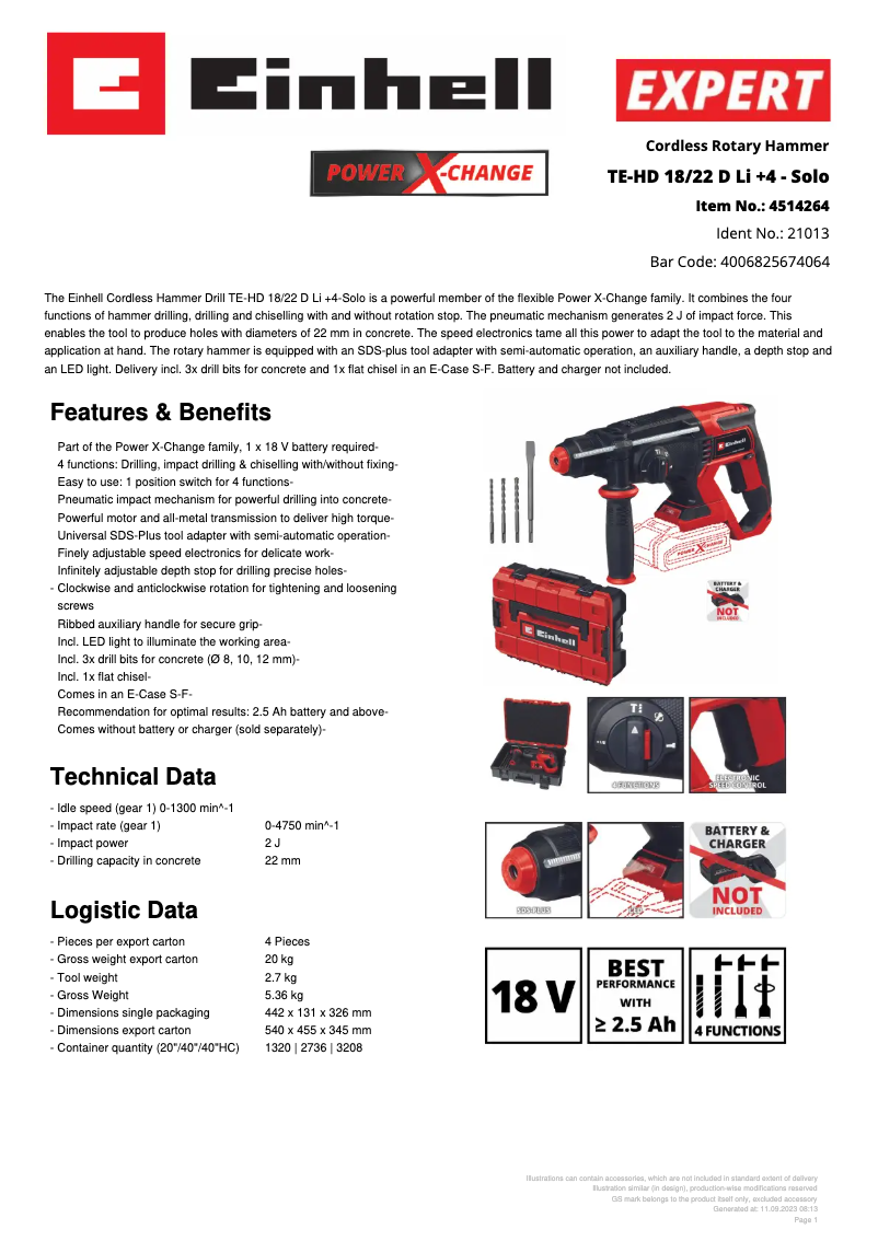 Page 1 de la notice Fiche technique Einhell TE-HD 18/22 D Li