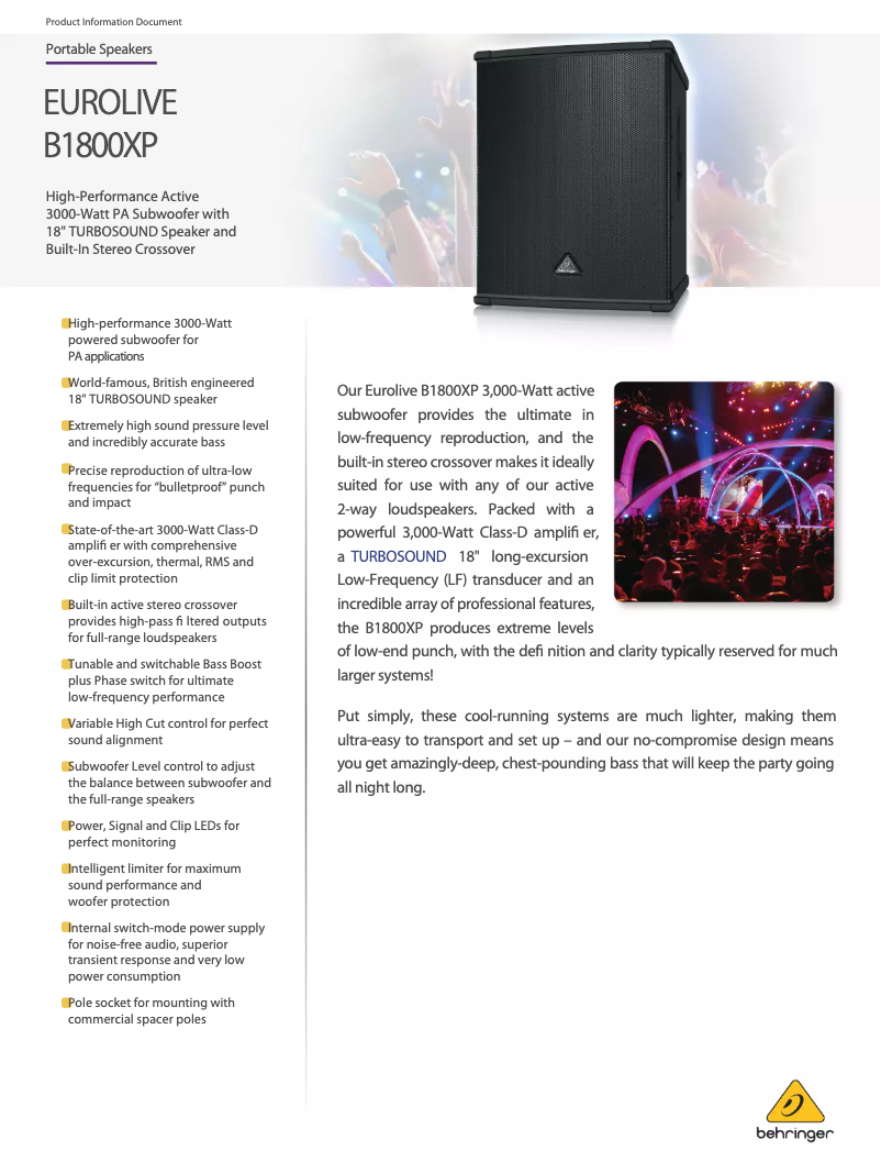 Page n°1 - Fiche technique Behringer Eurolive B1800XP